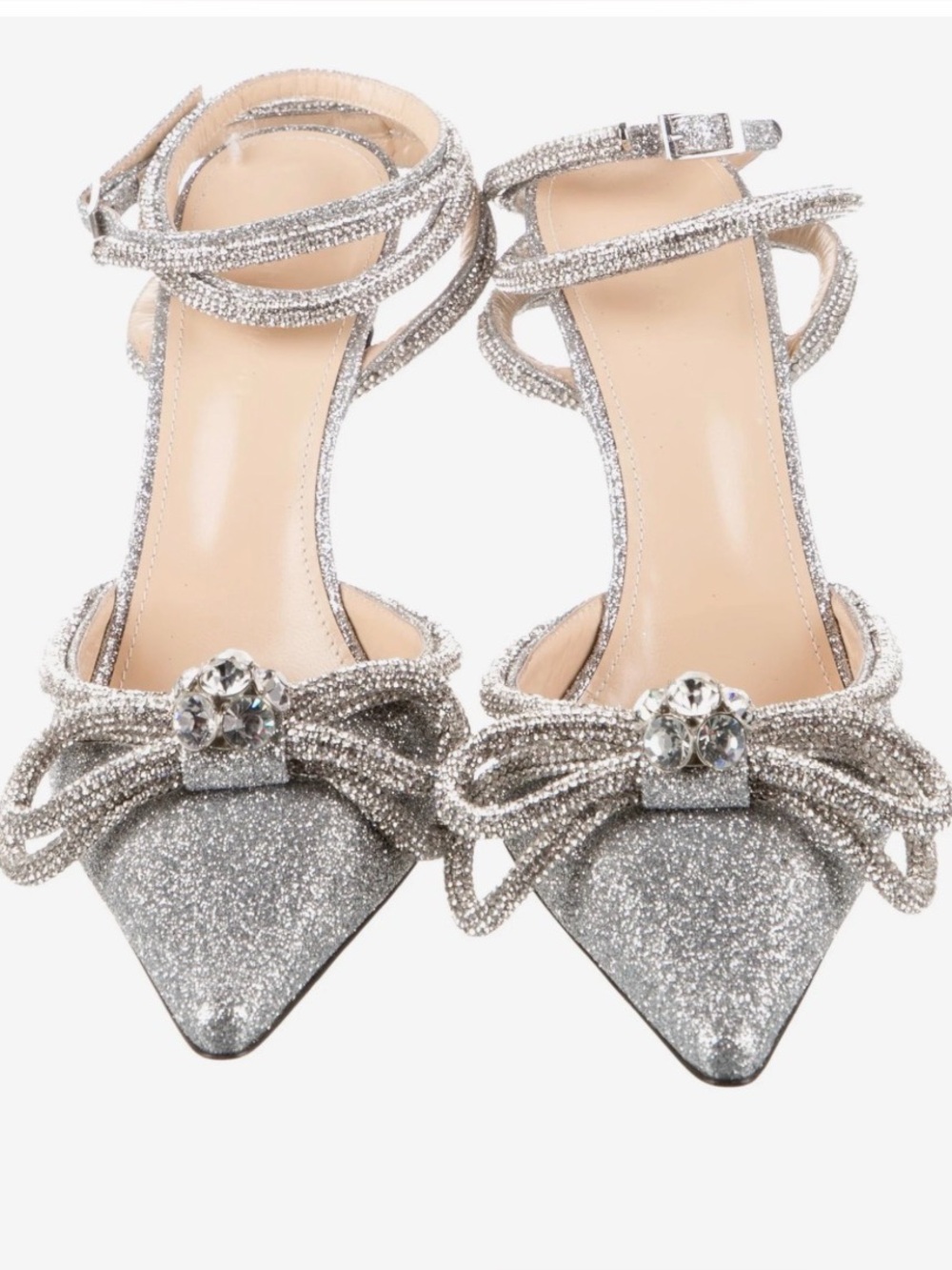MACH & MACH Silver Glitter Double Bow crystal-embellished pumps
